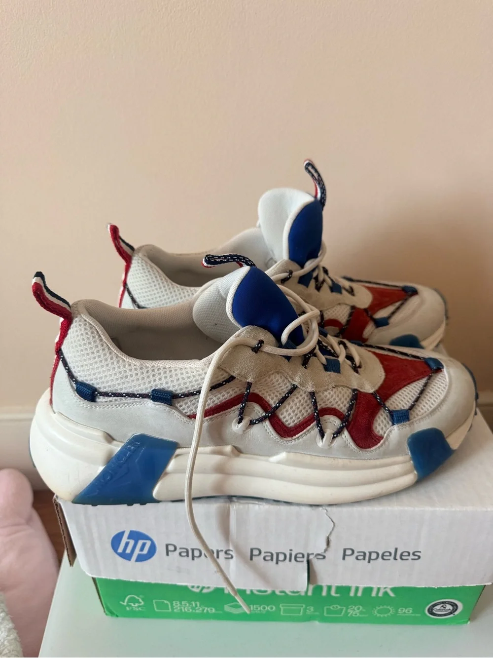 Moncler White, Red & Blue Chunky Lace-Up Sneakers